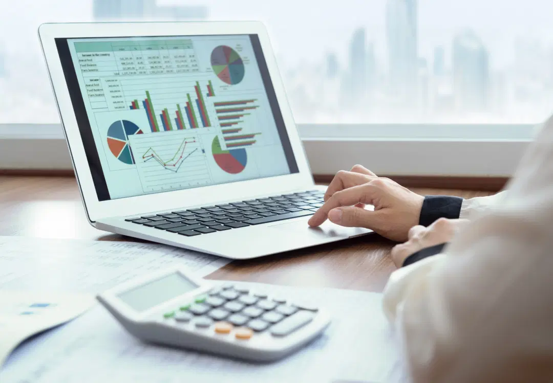 Business professional analyzing financial charts and graphs on a laptop, illustrating SME lending growth, fintech insights, and cross-border financing.
