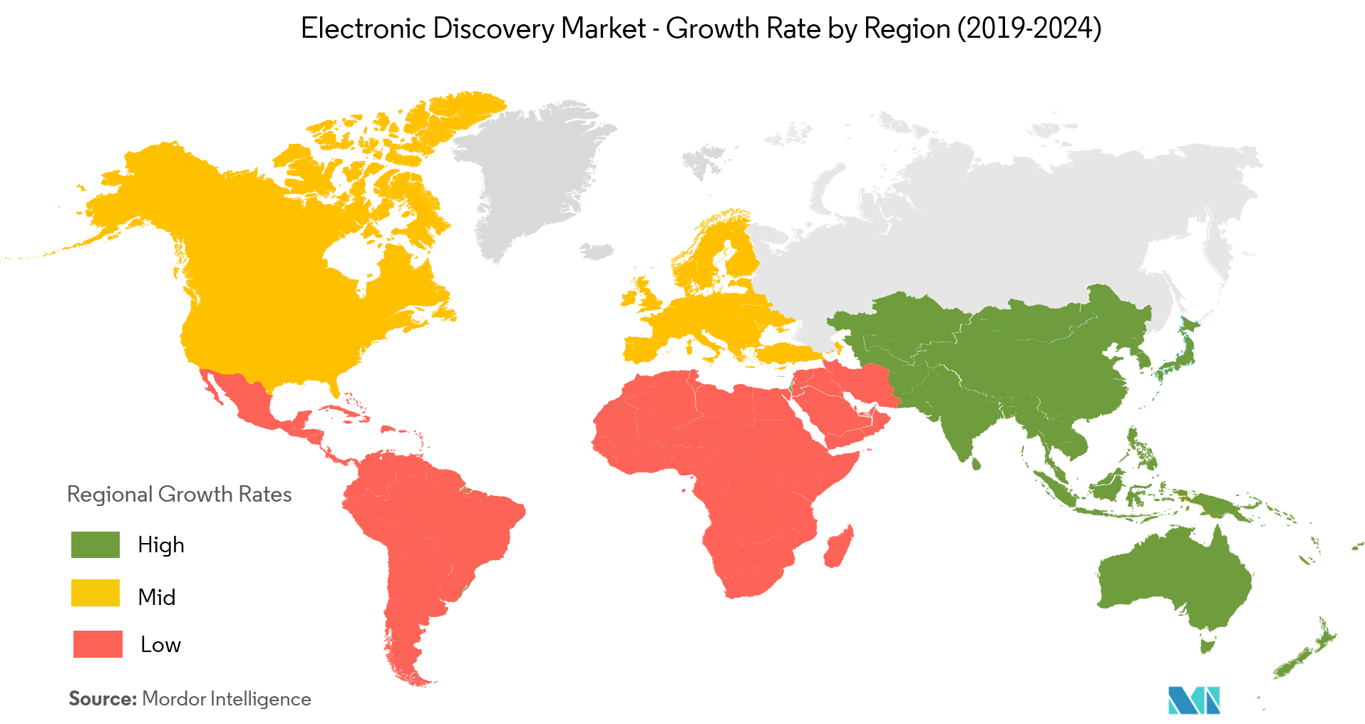 Рынок электронных открытий – темпы роста по регионам (2019–2024 гг.)