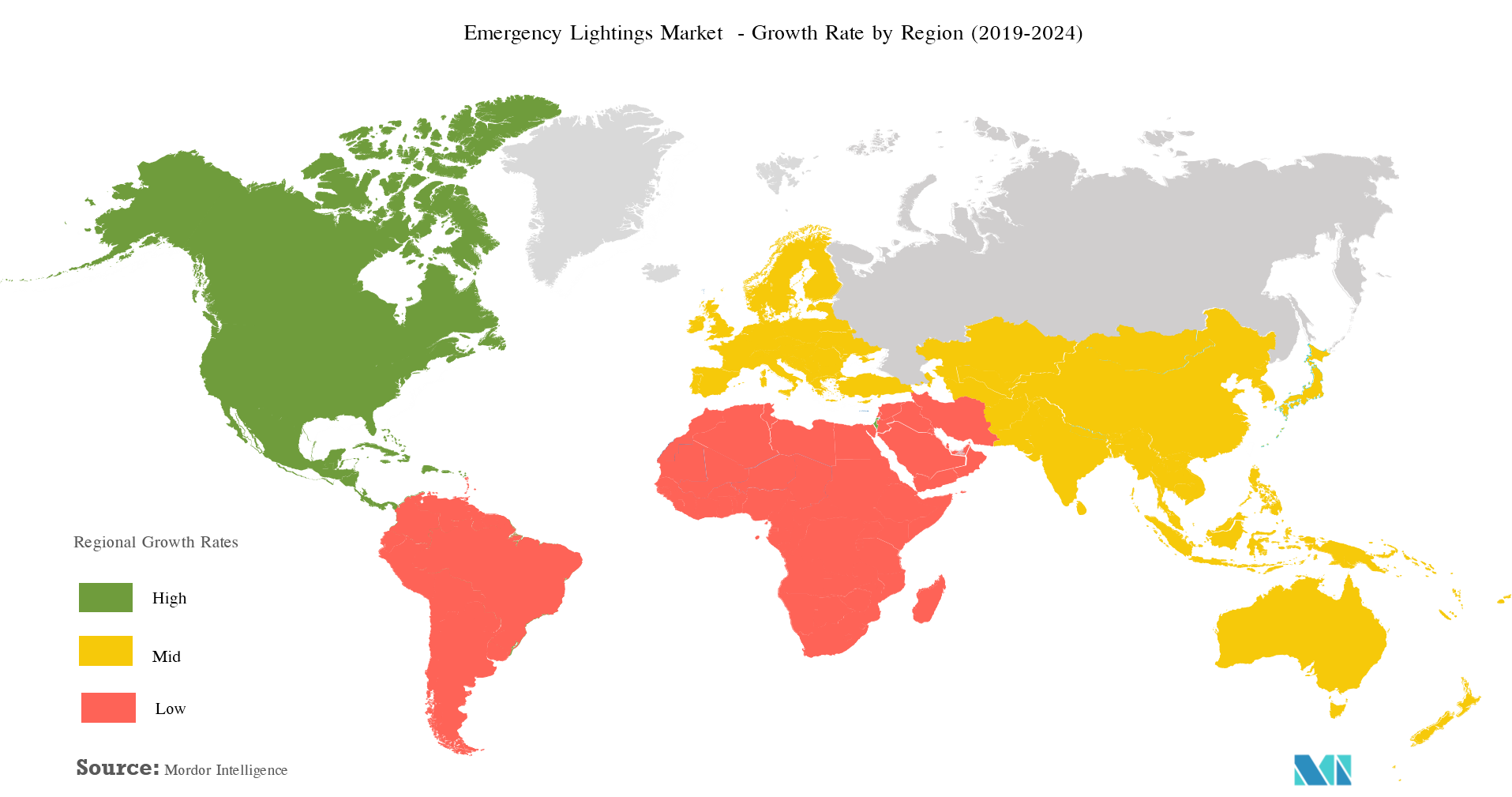 非常用照明器具市場-地域別成長率（2019-2024年）