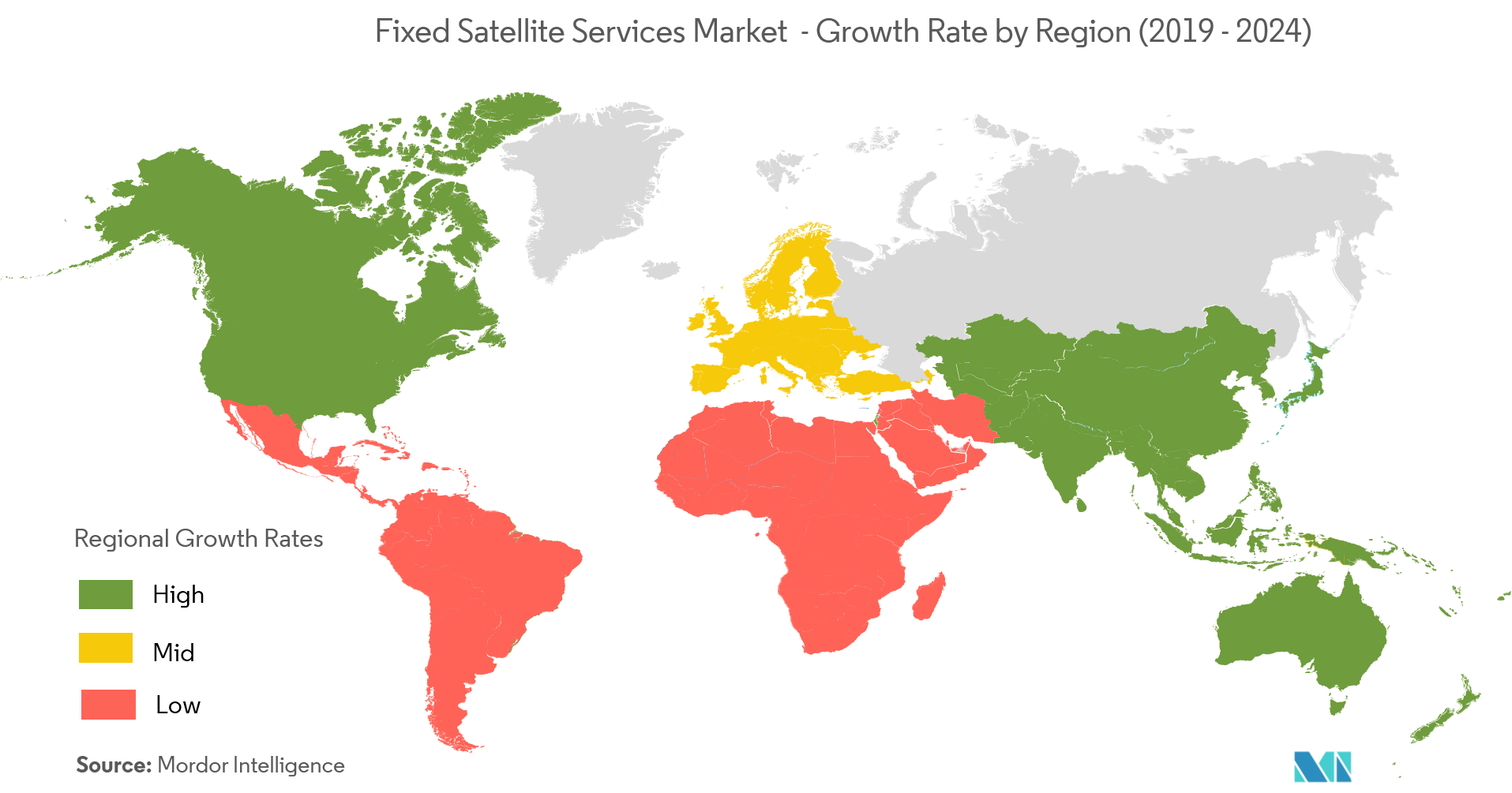 Рынок фиксированных спутниковых услуг – темпы роста по регионам (2019–2024 гг.)