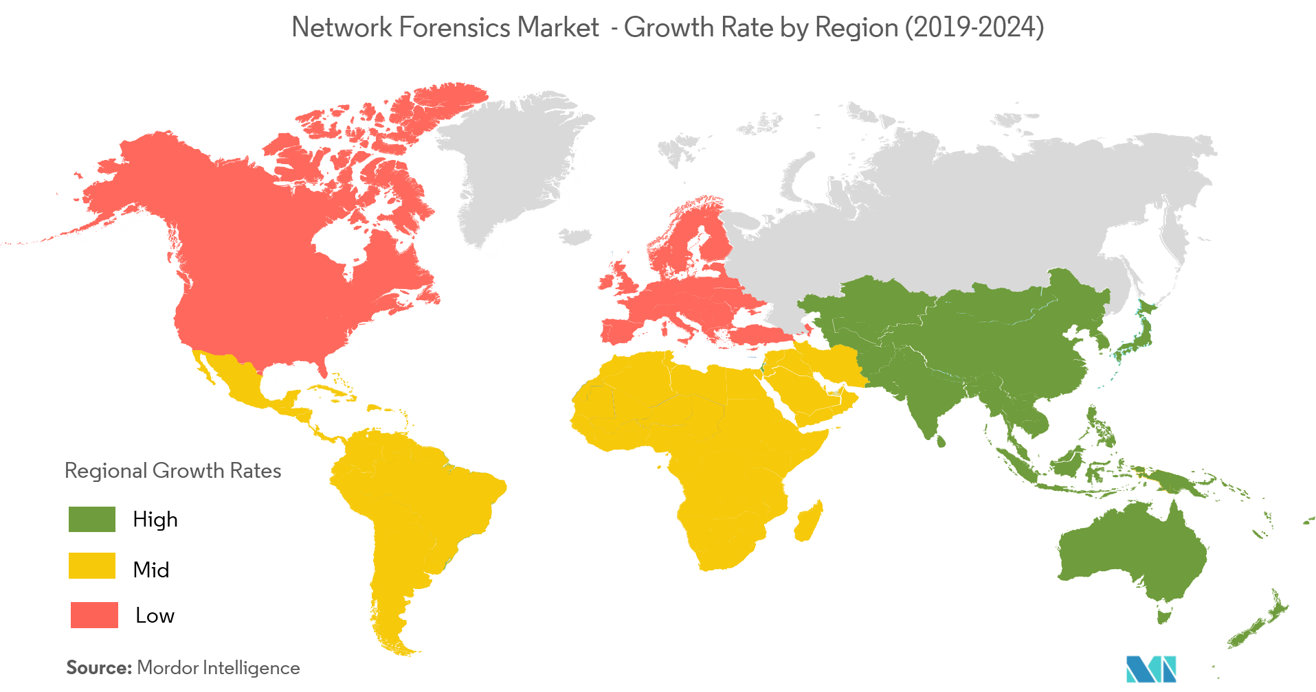 ネットワーク・フォレンジック市場 - 地域別成長率（2019年〜2024年）