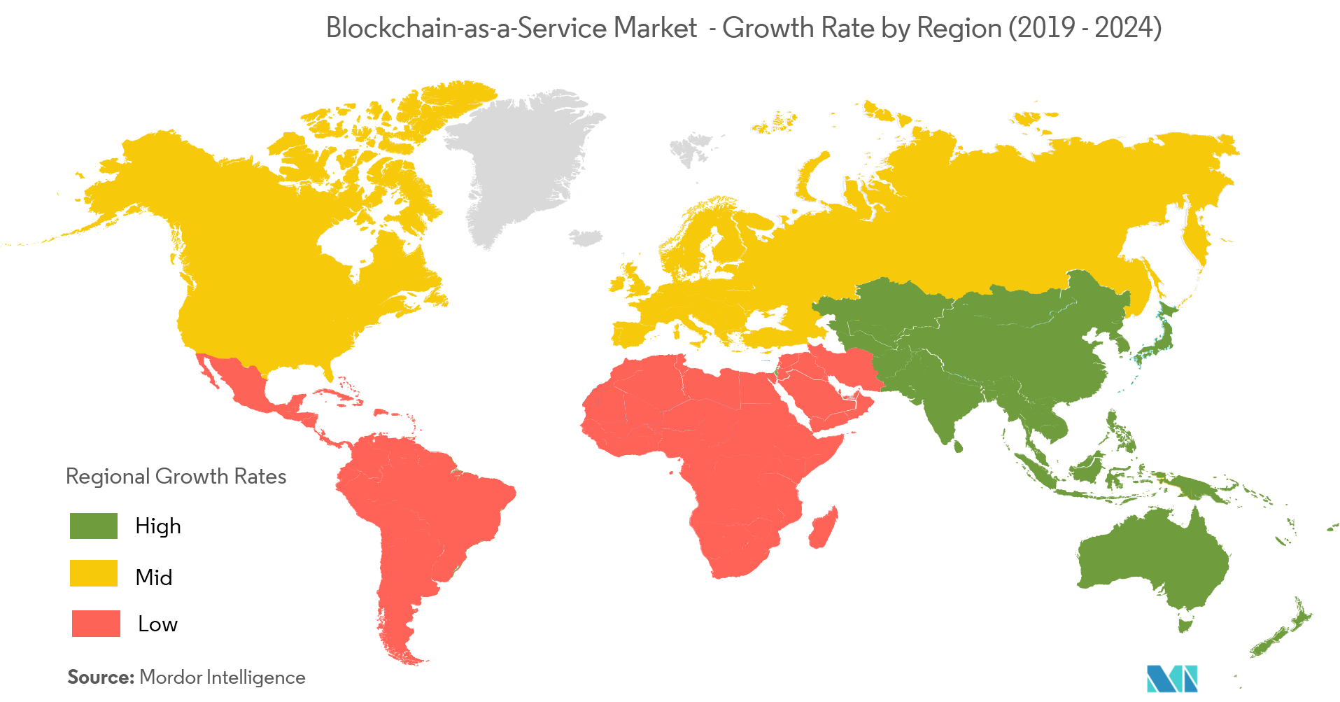 Рынок блокчейн-как-услуги темпы роста по регионам (2019-2024 гг.)