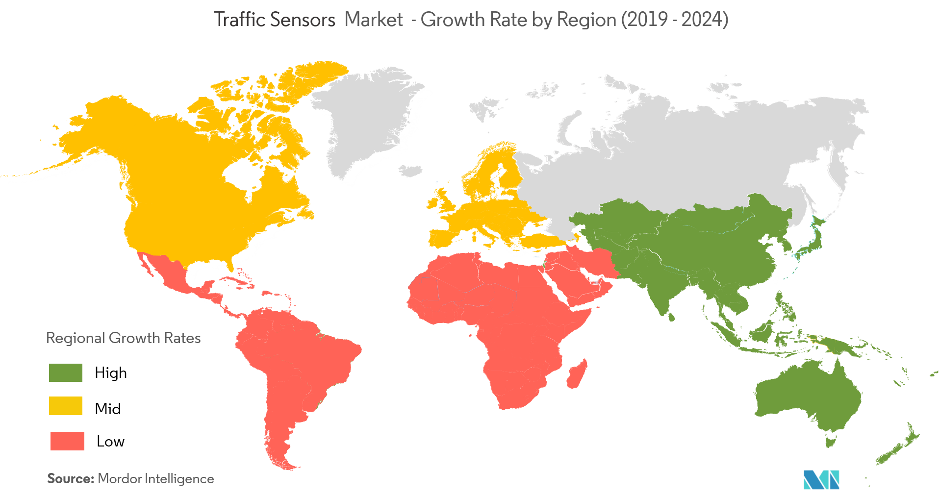 Рынок датчиков движения темпы роста по регионам (2019–2024 гг.)