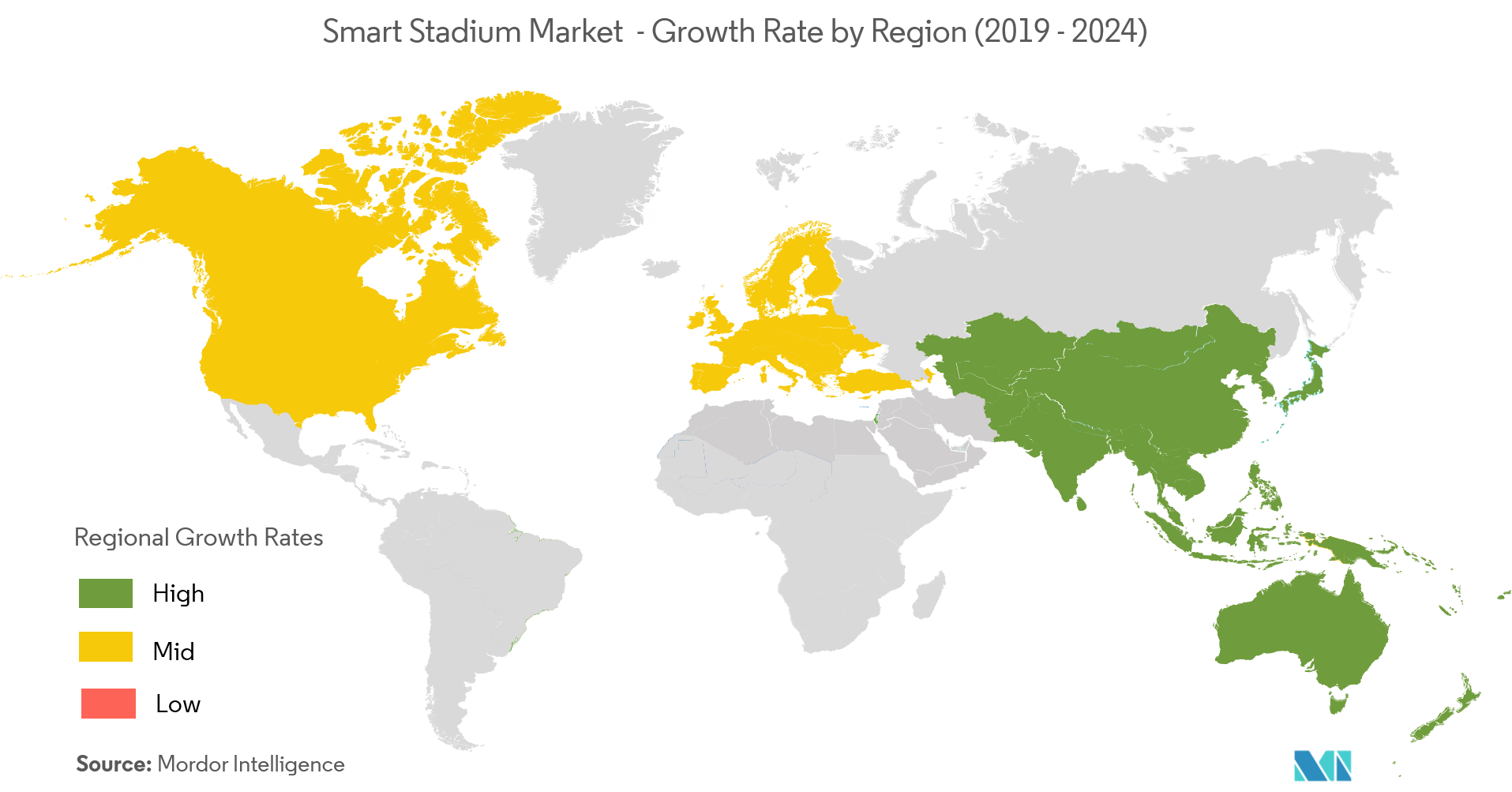 سوق الملاعب الذكية - معدل النمو حسب المنطقة ( 2019 - 2024 )