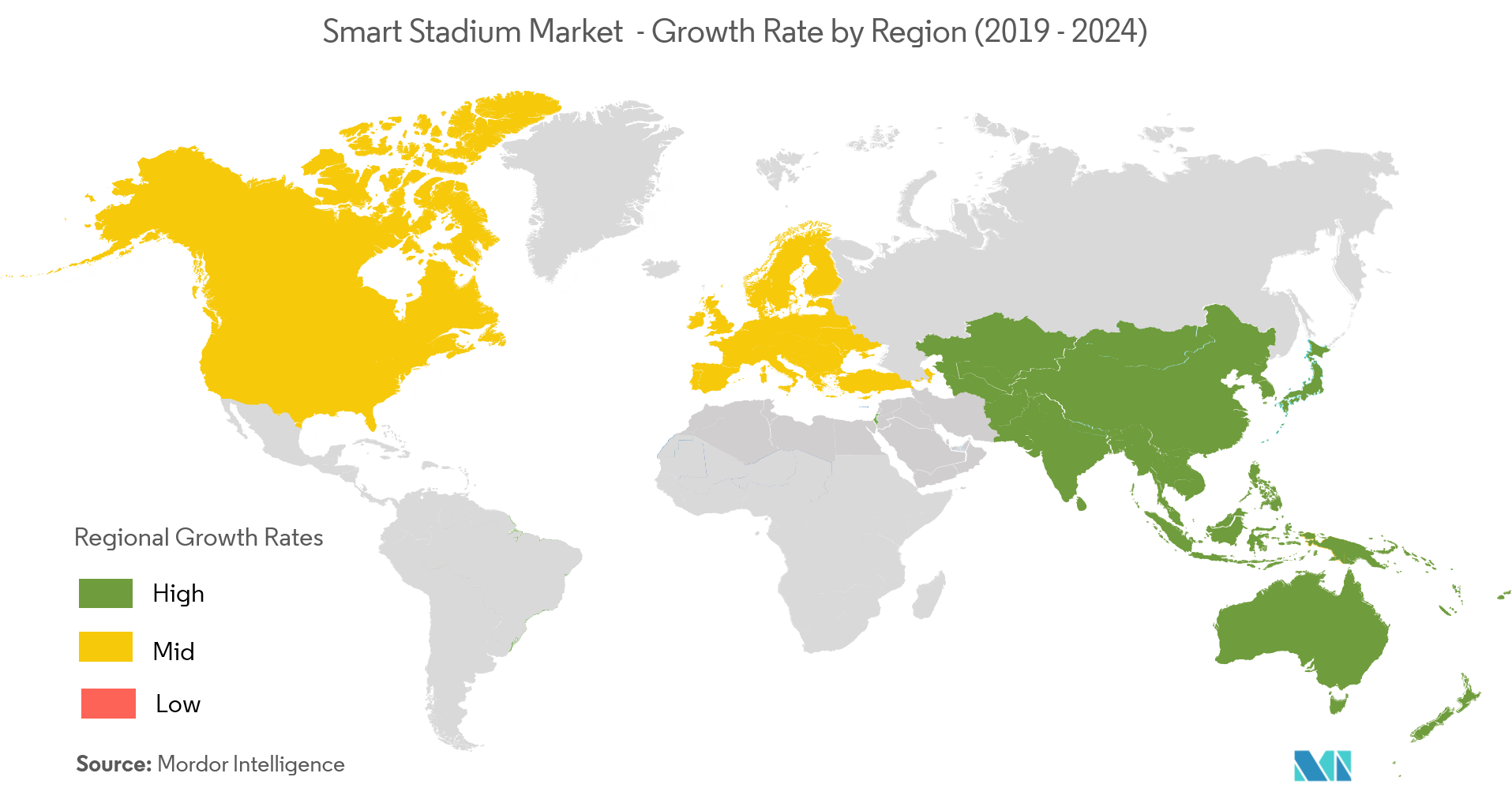 Markt für intelligente Stadien – Wachstumsrate nach Regionen (2019–2024)