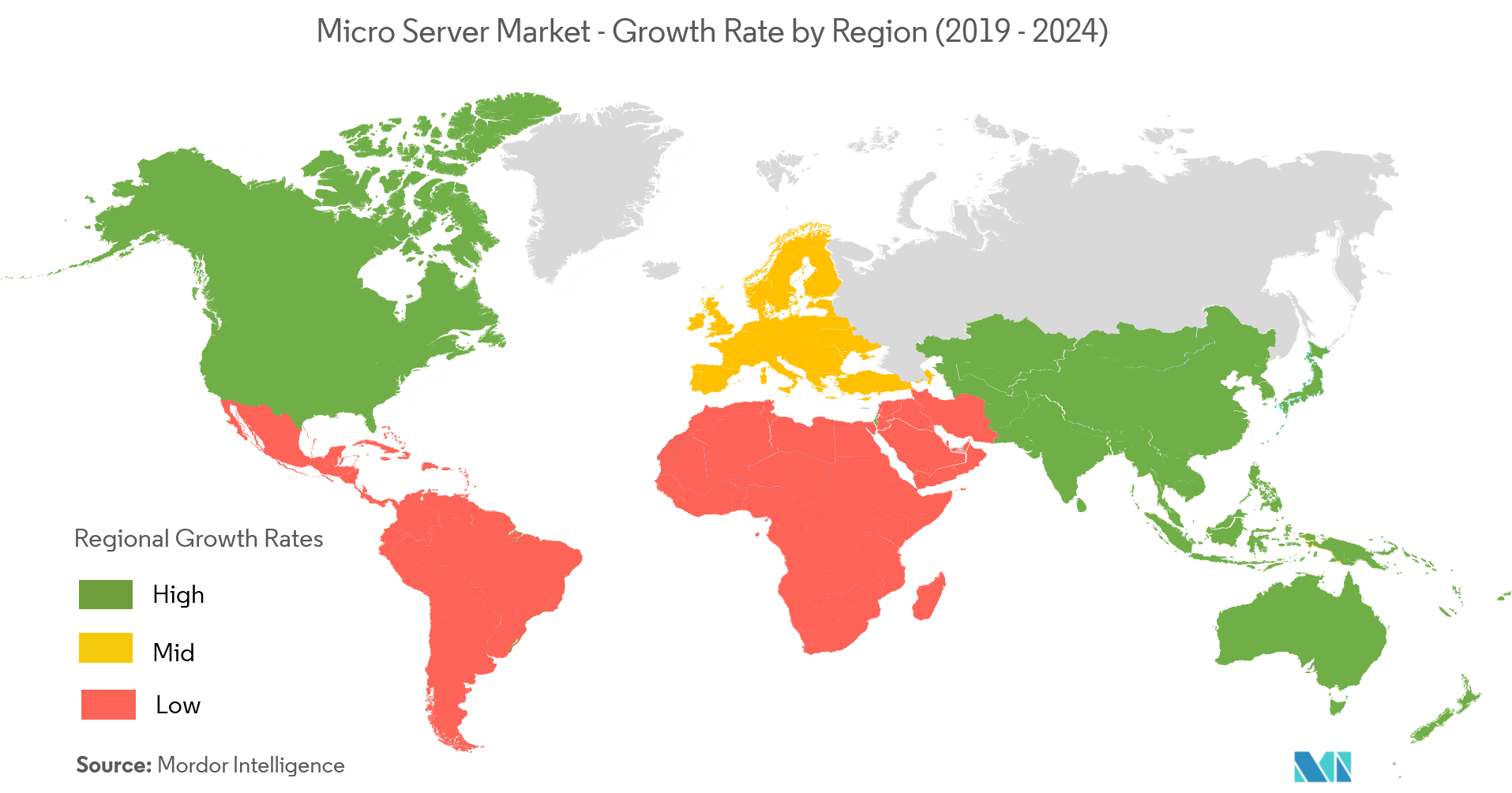 Рынок микросерверов – темпы роста по регионам (2019–2024 гг.)