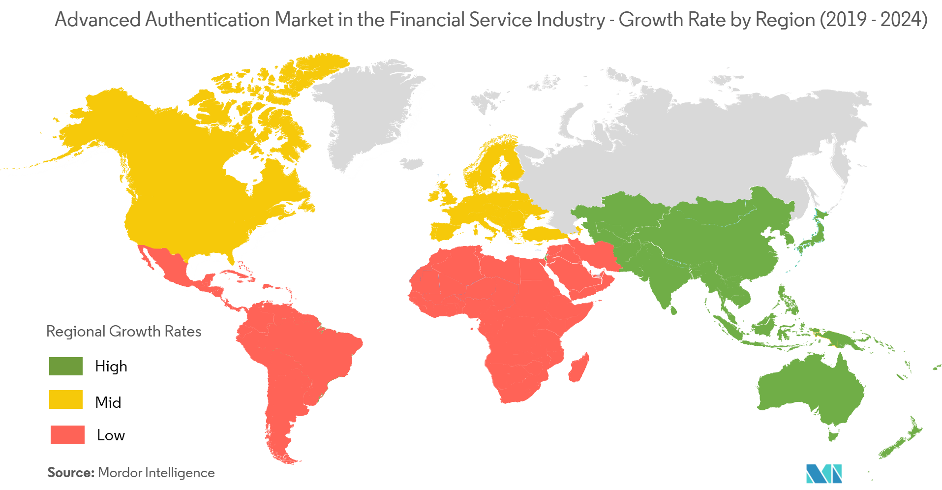 Рынок расширенной аутентификации в сфере финансовых услуг – темпы роста по регионам (2019-2024 гг.)