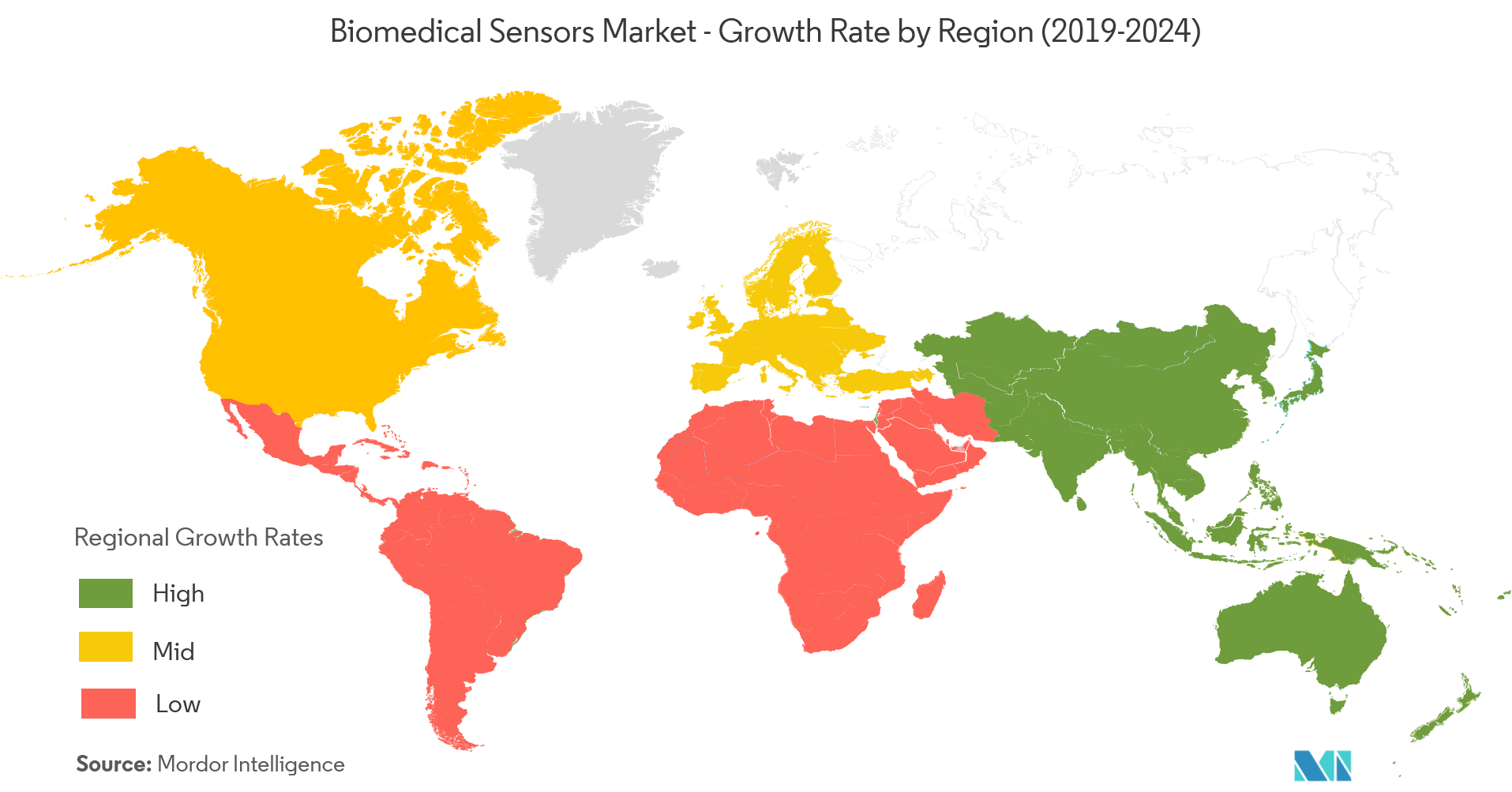 生物医学传感器市场 - 按地区划分的增长率（2019 - 2024）