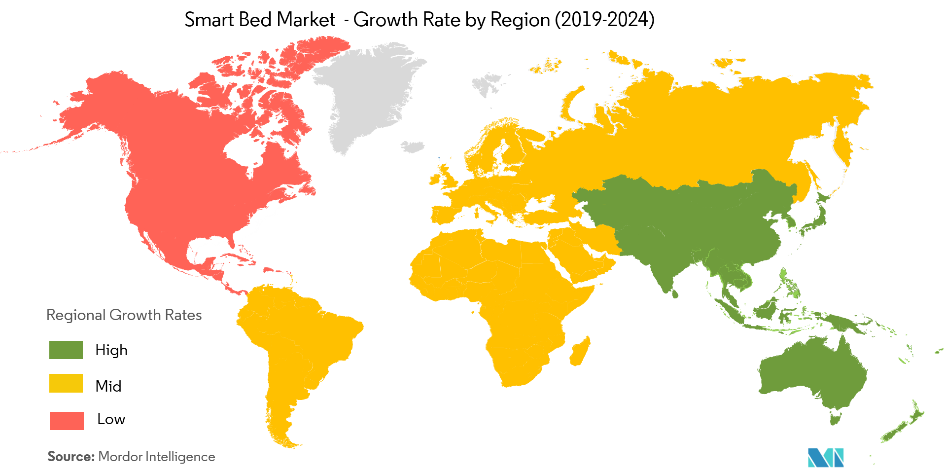 Marché des lits intelligents – Taux de croissance par région (2019-2024)