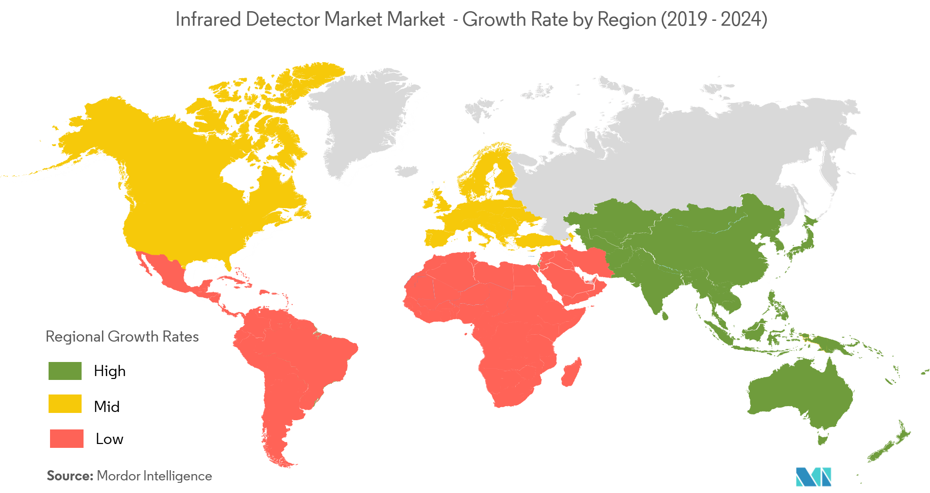 红外探测器市场：按地区划分的增长率（2019-2024）