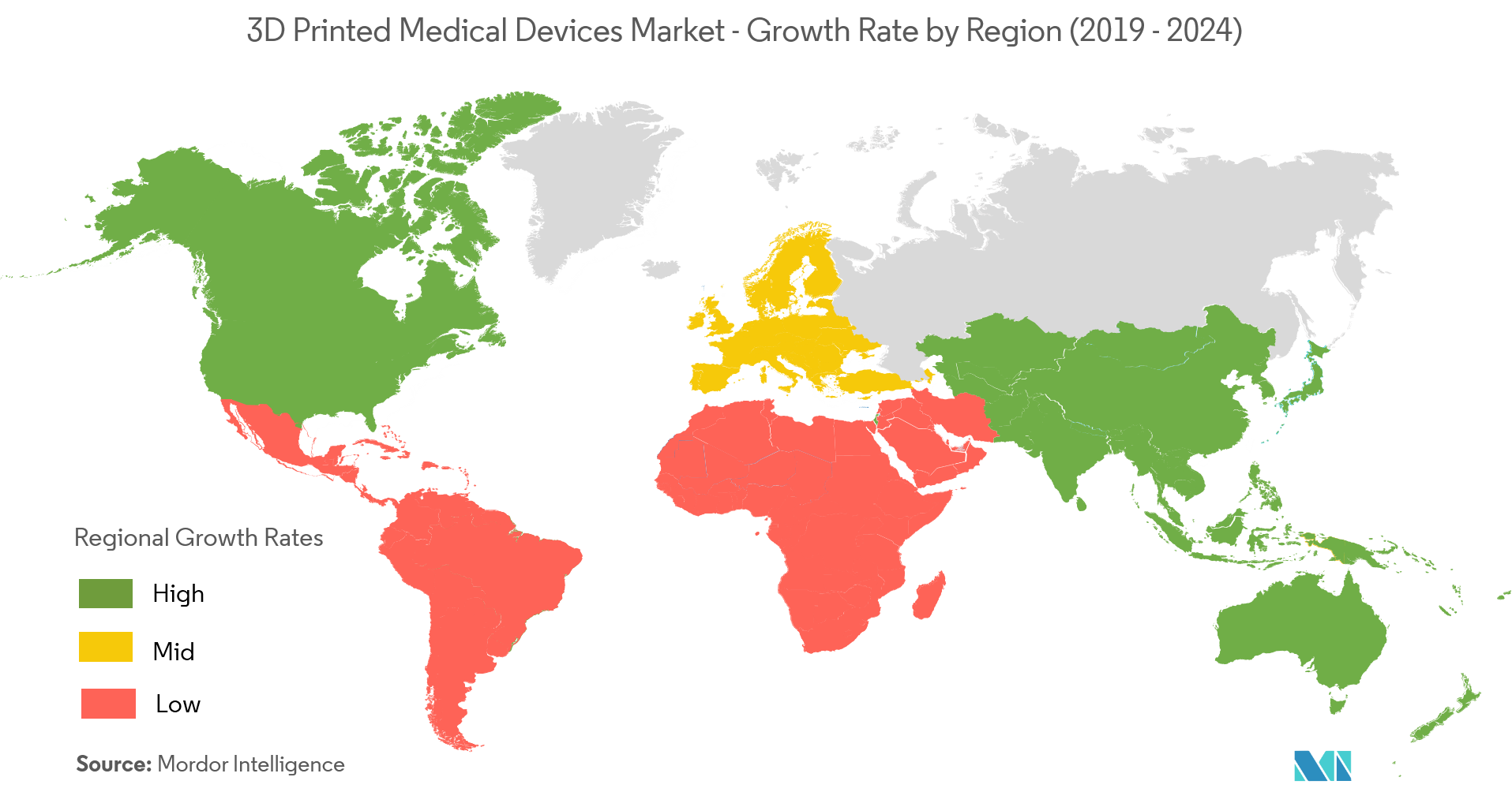 Рынок медицинских изделий, напечатанных на 3D-принтере - темпы роста по регионам (2019 - 2024 гг.)