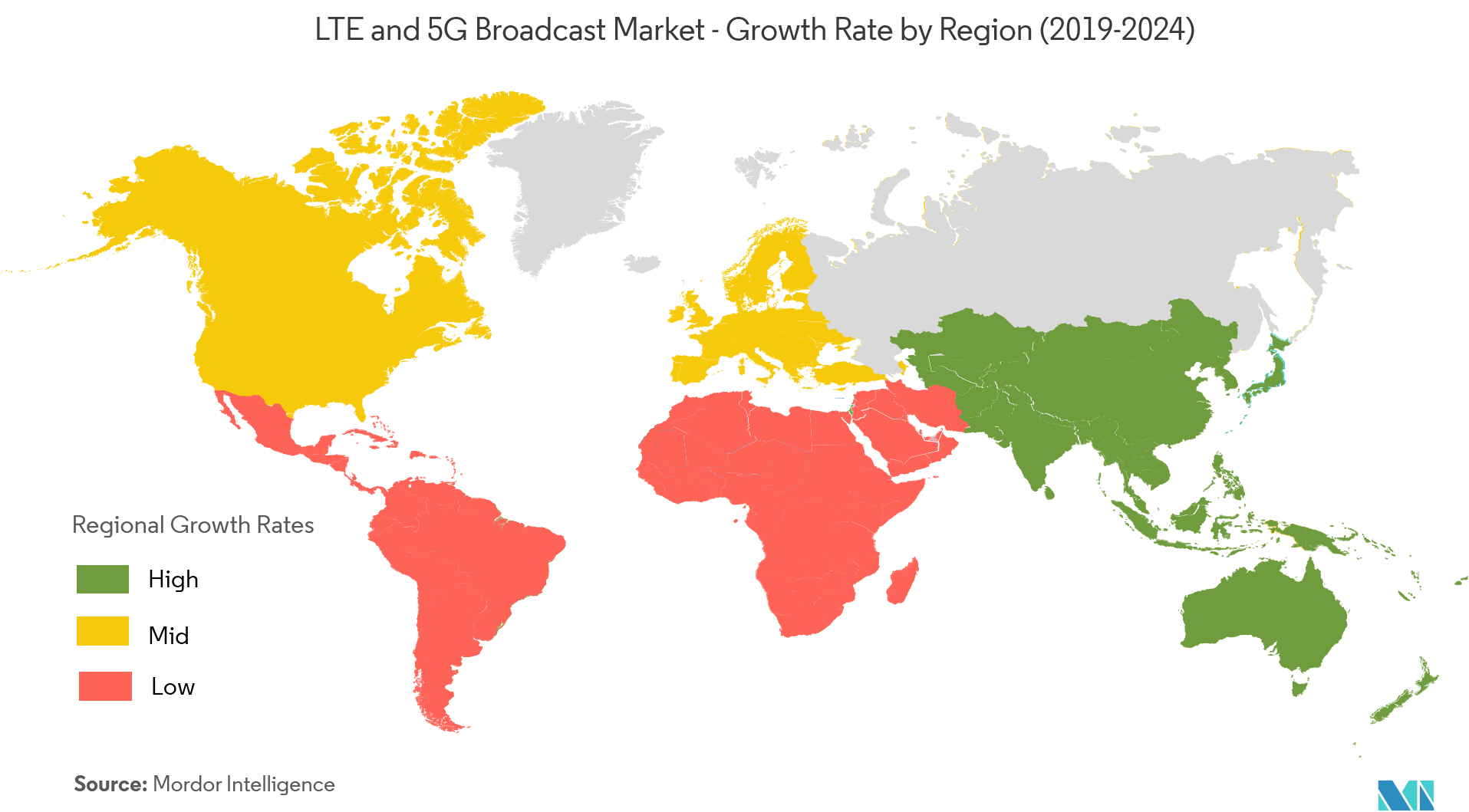 LTE 和 5G 广播市场 - 按地区划分的增长率（2019-2024 年）