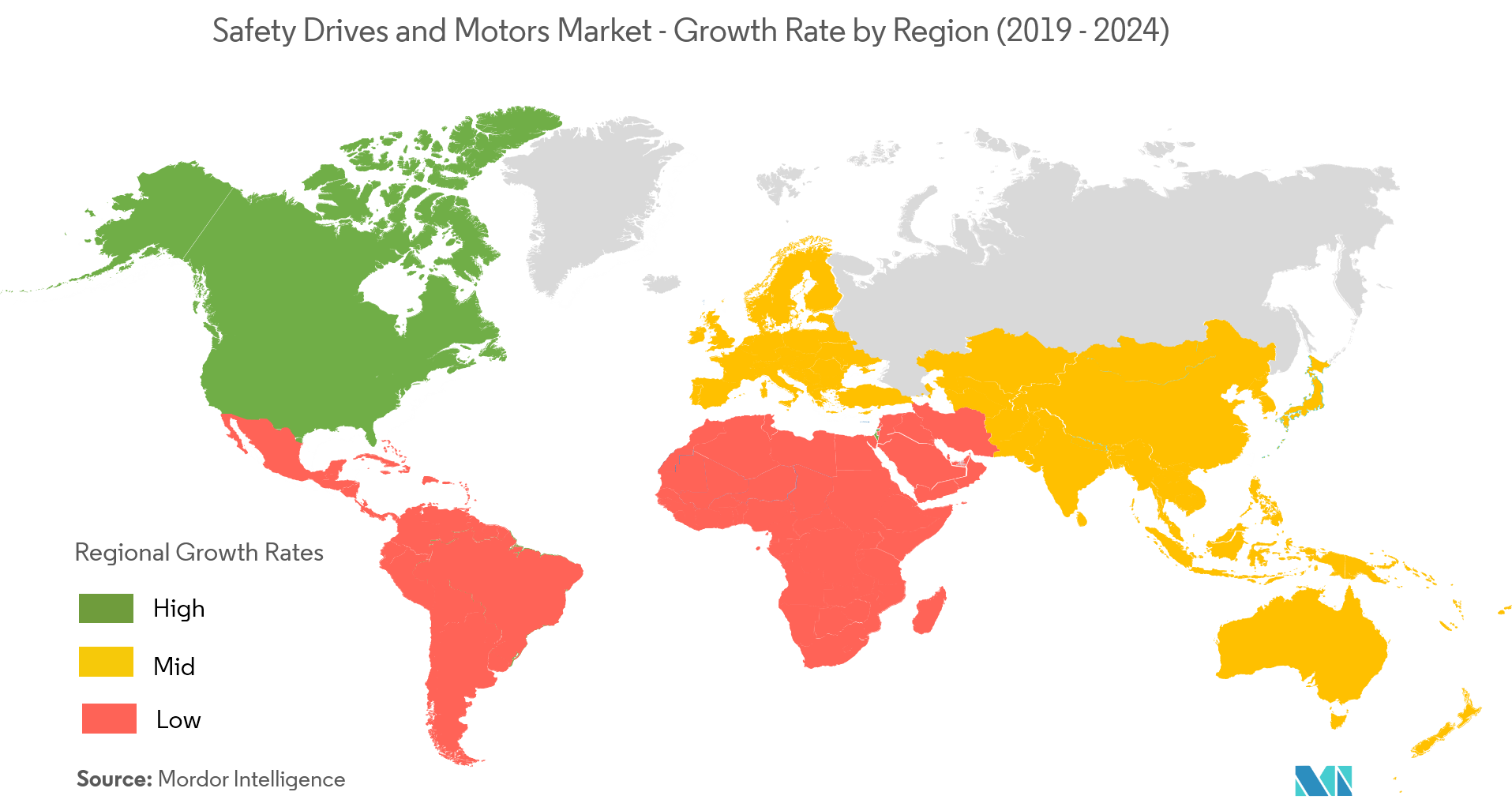 安全驱动和电机市场 - 按地区划分的增长率（2019-2024）