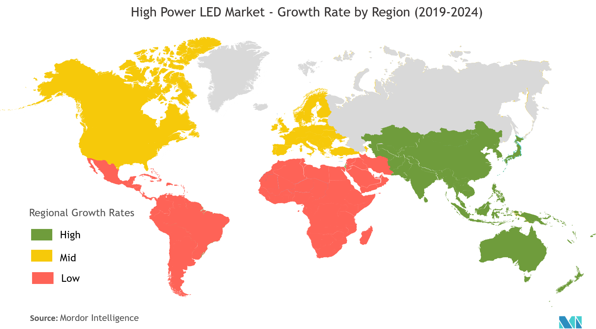 Рынок светодиодов высокой мощности темпы роста по регионам (2019-2024 гг.)