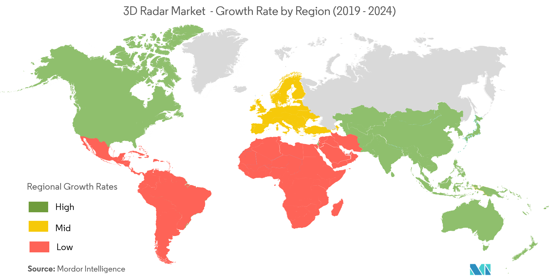 Рынок 3D-радаров – темпы роста по регионам (2019–2024 гг.)