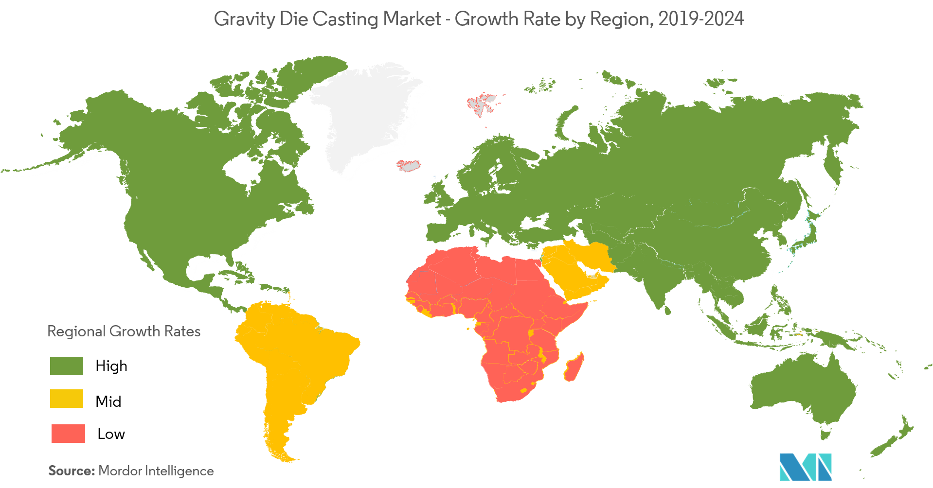 Taux de croissance du marché du moulage sous pression par gravité par région, 2019-2024